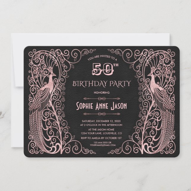 Rose Gold Art Peacocks 50th Birthday Party Invitation (Front)