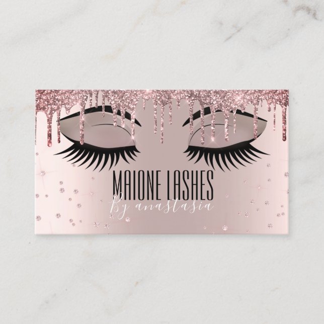 Rose Gold Artist Blush Makeup Lashes Glitter Drips Business Card (Front)