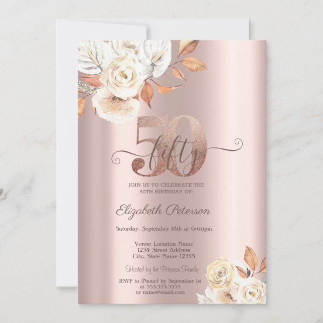 Rose Gold Autumn Flowers 50th Birthday  Invitation (Front)