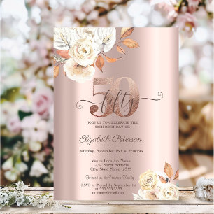 Rose Gold Autumn Flowers 50th Birthday  Invitation