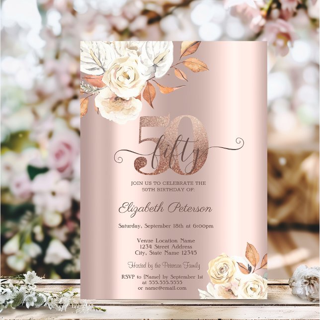 Rose Gold Autumn Flowers 50th Birthday  Invitation (Creator Uploaded)