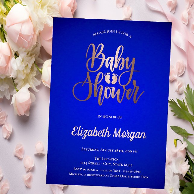 Rose Gold Baby Foots Royal Blue Baby Shower Invitation (Creator Uploaded)