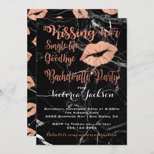 Rose Gold Bachelorette Party Kiss with marble Invitation (Front/Back)