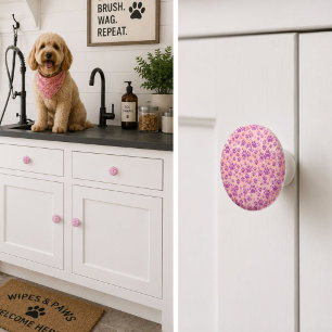Rose Gold Background Purple Glitter Paw Prints Ceramic Knob