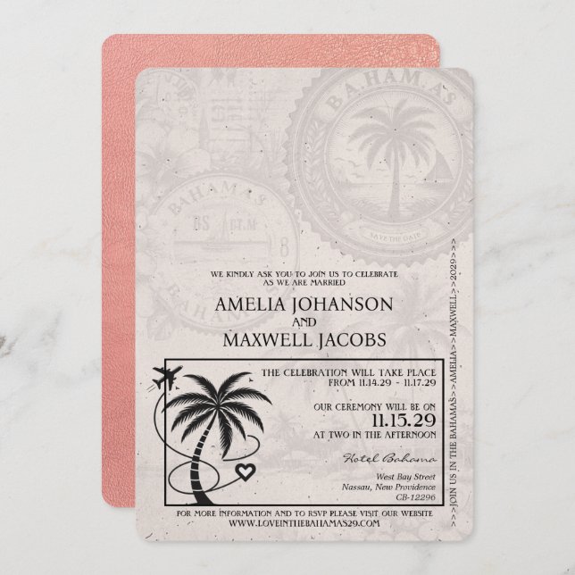 Rose Gold Bahamas Passport Wedding Invitation (Front/Back)
