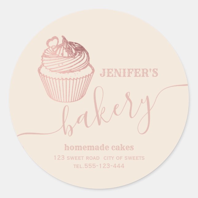 Rose gold bakery Homemade cupcakes and sweets Classic Round Sticker (Front)