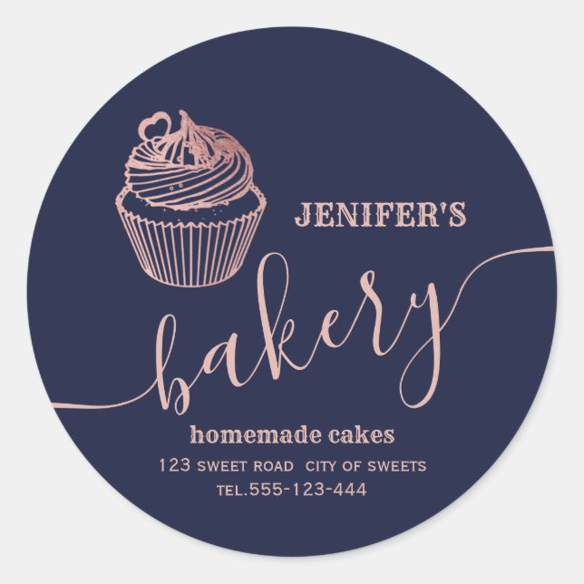 Rose gold bakery Homemade cupcakes and sweets Classic Round Sticker (Front)