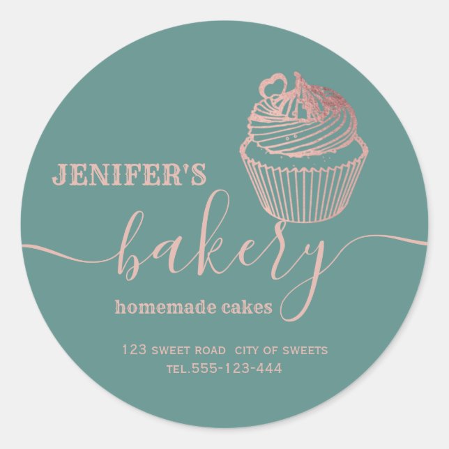 Rose gold bakery Homemade cupcakes and sweets Classic Round Sticker (Front)
