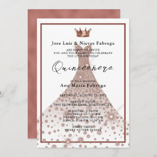 Rose Gold Ball Gown & Tiara Quinceañera Birthday Invitation