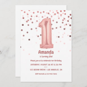 Rose Gold Balloon and Foil Confetti 1st Birthday Invitation