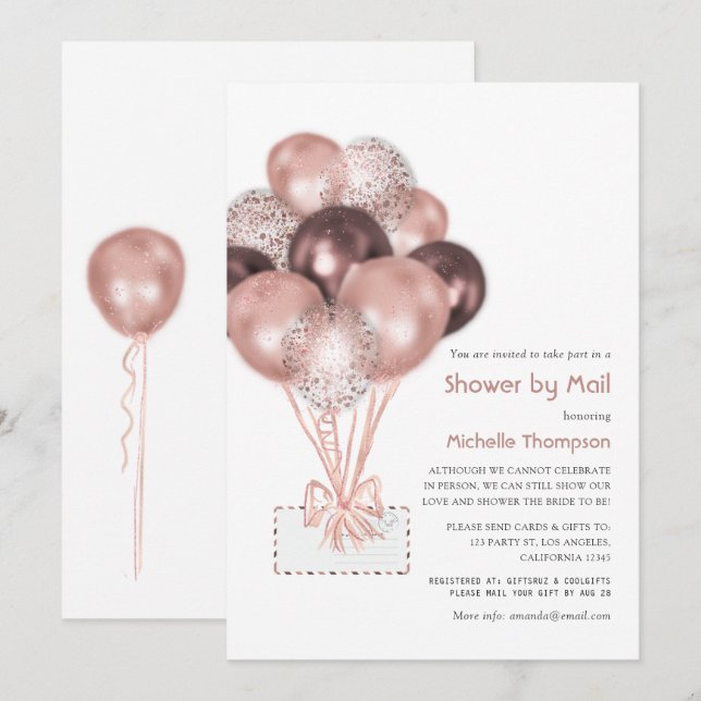 Rose Gold Balloon Baby or Bridal Shower by Mail Invitation (Front/Back)