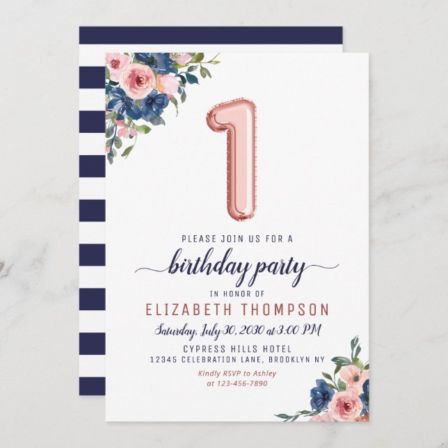 Rose Gold Balloon Floral Navy Blush 1st Birthday Invitation (Front/Back)