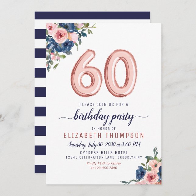 Rose Gold Balloon Floral Navy Blush 60th Birthday Invitation (Front/Back)