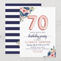 Rose Gold Balloon Floral Navy Blush 70th Birthday