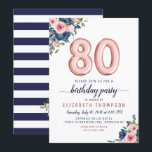 Rose Gold Balloon Floral Navy Blush 80th Birthday Invitation<br><div class="desc">Floral Navy Blue Blush Pink Balloon 80th Birthday Invitation
The design features watercolor navy blue and blush pink flowers with a rose gold balloon accent.
If you would like to change the numbered balloons,  feel free to email me at panggadesigns@gmail.com</div>