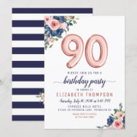 Rose Gold Balloon Floral Navy Blush 90th Birthday
