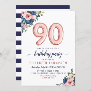 Rose Gold Balloon Floral Navy Blush 90th Birthday Invitation