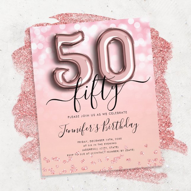 Rose Gold Balloon Glitter 50th Birthday Invite Flyer (Creator Uploaded)