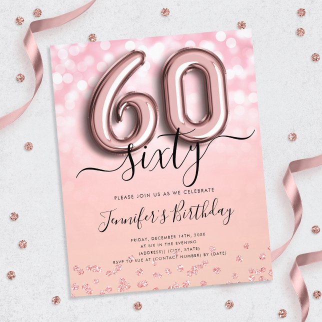 Rose Gold Balloon Glitter 60th Birthday Invite Flyer (Creator Uploaded)