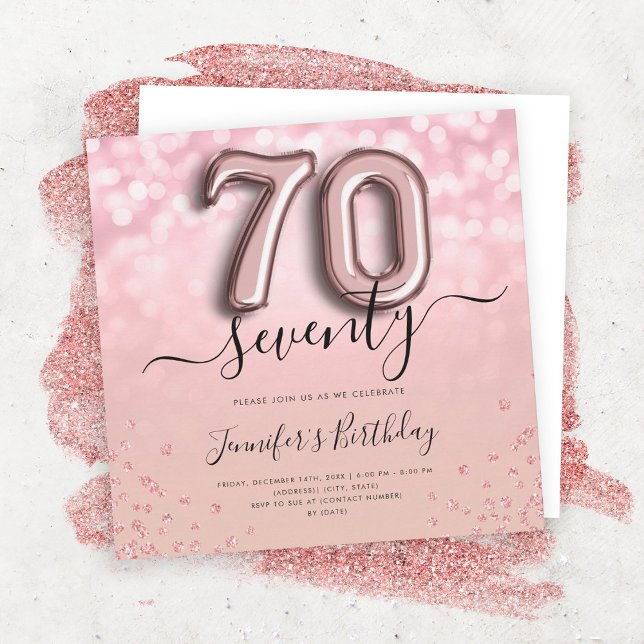 Rose Gold Balloon Glitter 70th Birthday Invite (Creator Uploaded)