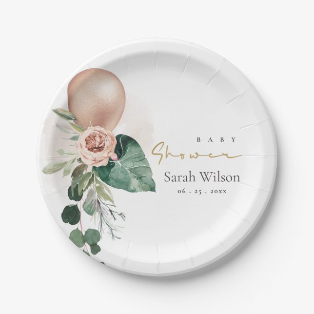 ROSE GOLD BALLOON PEACH FLORAL BUNCH BABY SHOWER P PAPER PLATE (Front)