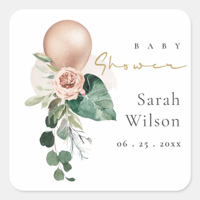 ROSE GOLD BALLOON PEACH FLORAL BUNCH BABY SHOWER  SQUARE STICKER (Front)