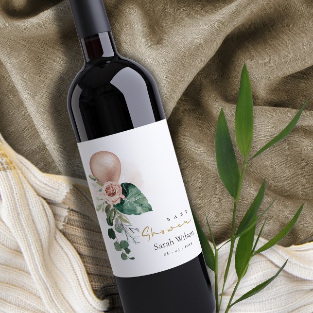 ROSE GOLD BALLOON PEACH FLORAL BUNCH BABY SHOWER  WINE LABEL (Creator Uploaded)