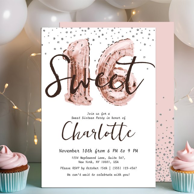 Rose Gold Balloon Silver Glitter Sweet 16 Party  Invitation (Creator Uploaded)