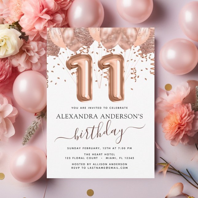 Rose Gold Balloons 11th Birthday Party Confetti Invitation (Creator Uploaded)