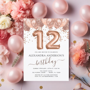 Rose Gold Balloons 12th Birthday Party Confetti Invitation