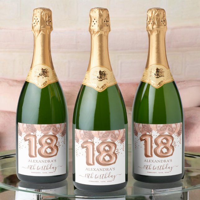 Rose Gold Balloons 18th Birthday Party Sparkling Wine Label (Creator Uploaded)