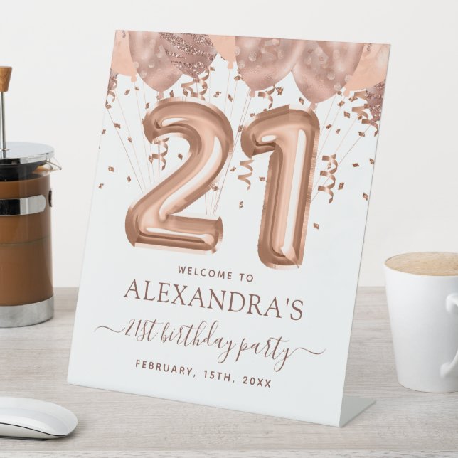 Rose Gold Balloons 21st Birthday Party Pedestal Sign (In SItu)