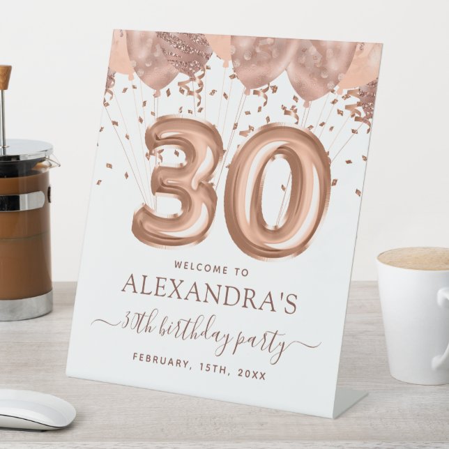 Rose Gold Balloons 30th Birthday Party Pedestal Sign (In SItu)