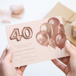 Rose Gold Balloons 40th Birthday Party Invitation