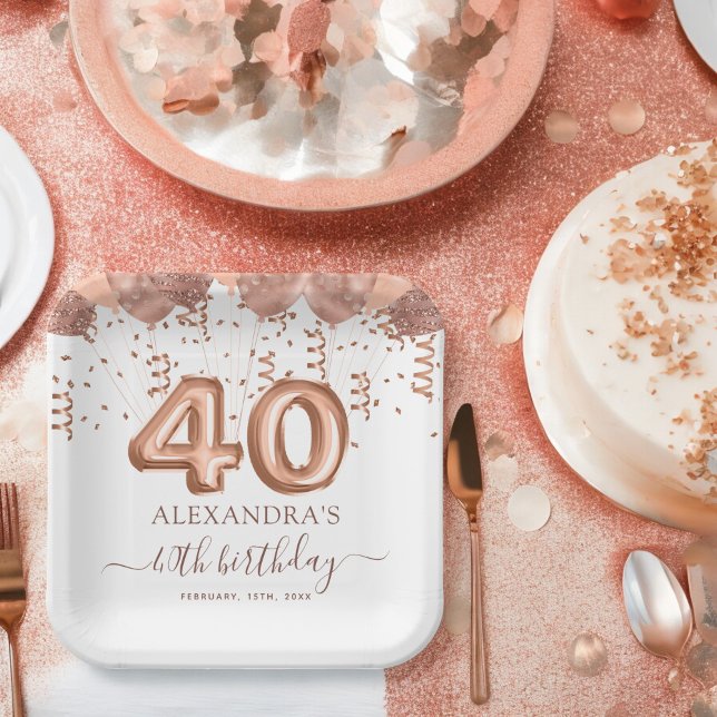 Rose Gold Balloons 40th Birthday Party Paper Plate (Creator Uploaded)