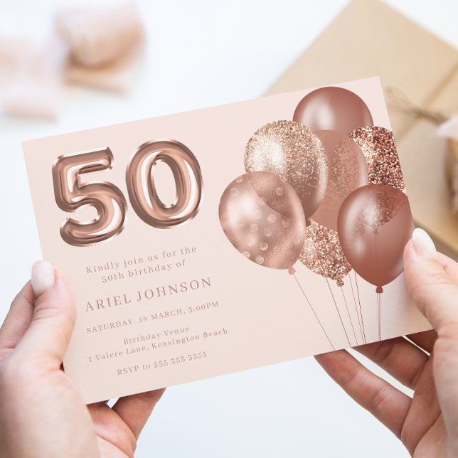 Rose Gold Balloons 50th Birthday Party Invitation (Creator Uploaded)
