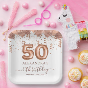Rose Gold Balloons 50th Birthday Party Paper Plate