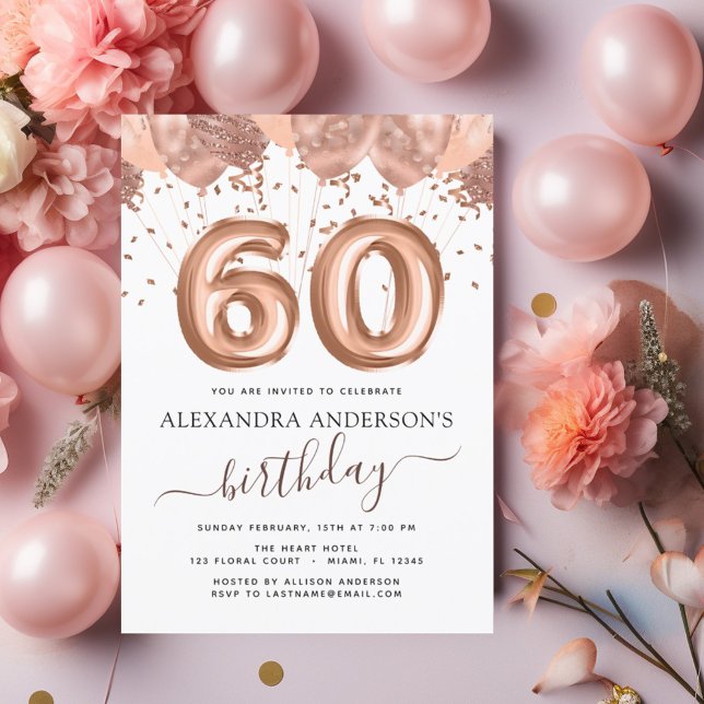 Rose Gold Balloons 60th Birthday Party Invitation (Creator Uploaded)