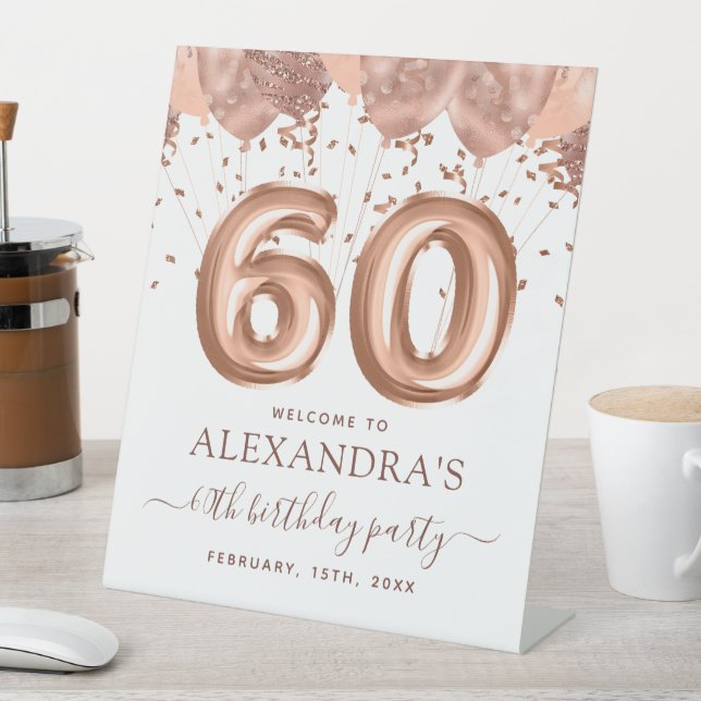 Rose Gold Balloons 60th Birthday Party Pedestal Sign (In SItu)