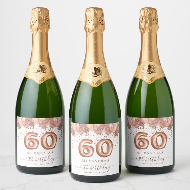 Rose Gold Balloons 60th Birthday Party Sparkling Wine Label (Bottles)