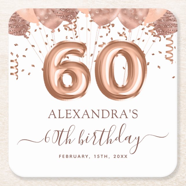 Rose Gold Balloons 60th Birthday Party Square Paper Coaster (Front)