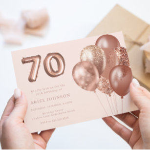 Rose Gold Balloons 70th Birthday Party Invitation