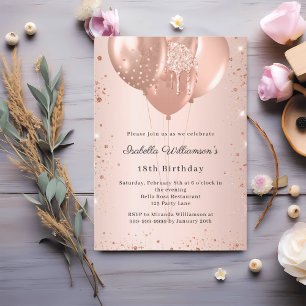 Rose gold balloons birthday invitation
