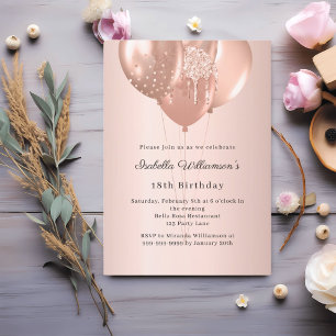 Rose gold balloons birthday invitation postcard