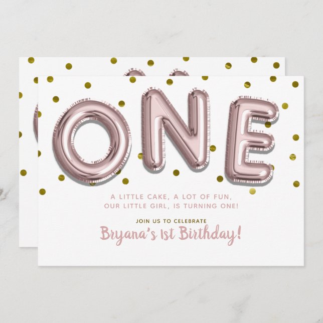 Rose Gold Balloons Confetti ONE 1st Birthday Party Invitation (Front/Back)