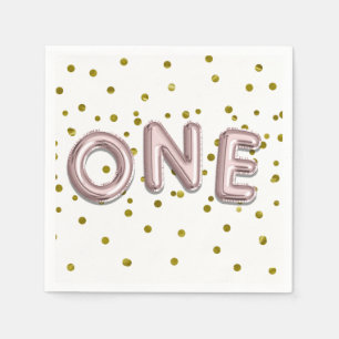Rose Gold Balloons Confetti ONE 1st Birthday Party Napkin