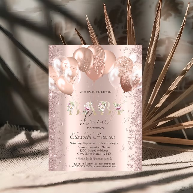 Rose Gold Balloons Glitter Confetti Baby Shower Invitation (Creator Uploaded)