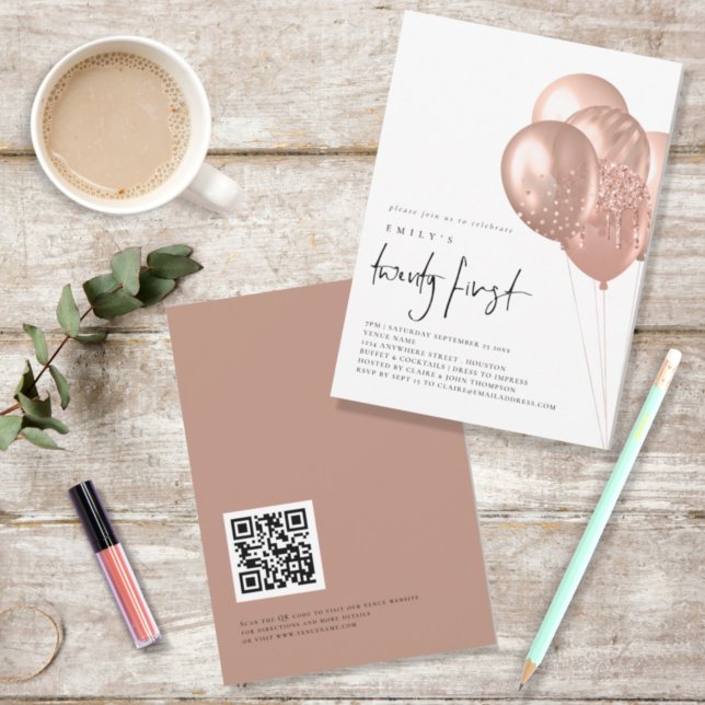 Rose Gold Balloons QR Code 21st Birthday Party Invitation (Creator Uploaded)