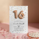 Rose Gold Balloons | Sweet 16 Party Invitation<br><div class="desc">Unique and trendy sweet sixteen birthday party invitations feature "16" in rose gold balloons,  on a background of rose gold,  gold and black confetti. Personalise with your party details in modern black lettering. Invitations reverse to solid blush pink.</div>