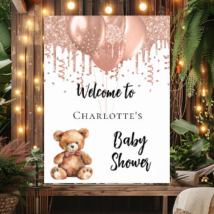 Rose gold balloons teddy bear baby shower welcome poster